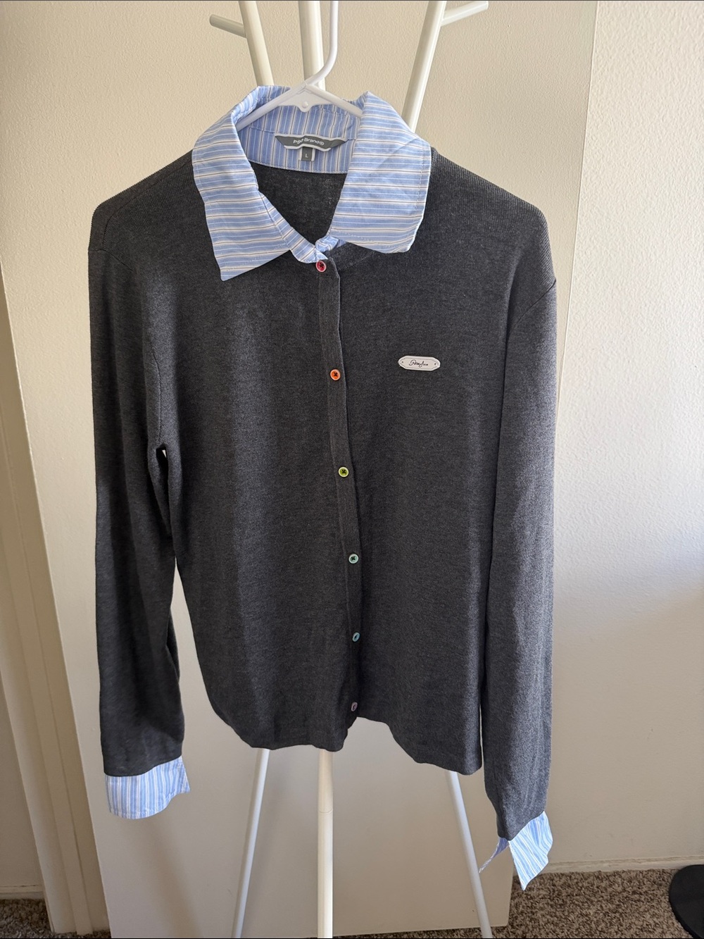 SO Charcoal Gray Cardigan with Blue Stripe Collar and Cuffs